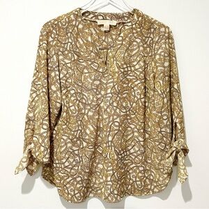Michael Kors Chain Print  Blouse Bracelet Length Sleeve V Neck Round Hem